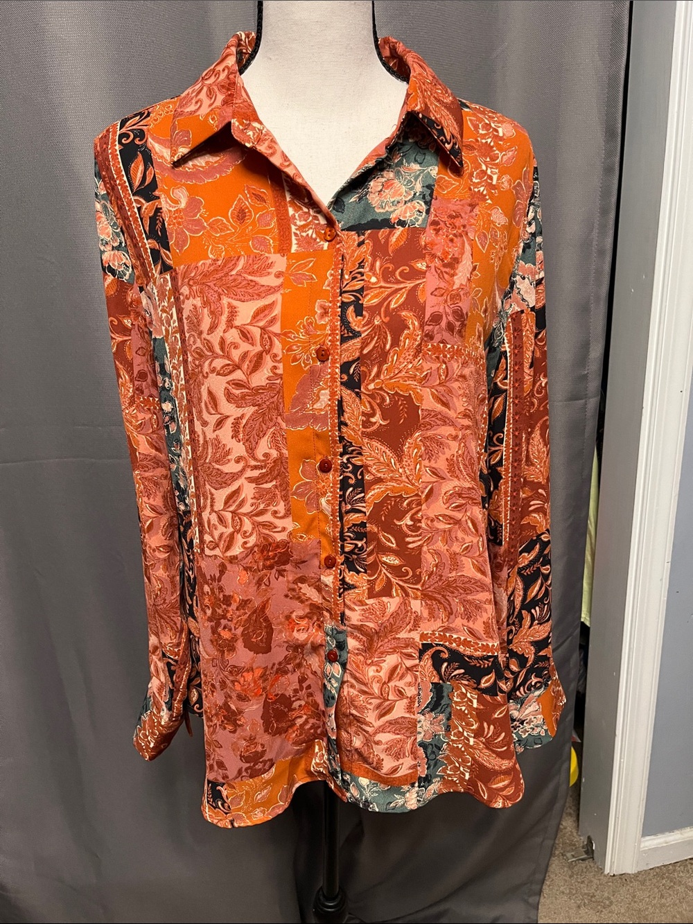 Patchwork-Print Orange Button-Down Shirt